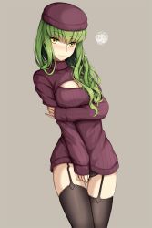 Rule 34 | 1girl, alternate costume, beret, black panties, black thighhighs, blush, breasts, c.c., cleavage, cleavage cutout, clothing cutout, code geass, covering crotch, covering privates, dress, frown, garter straps, green hair, grey background, hand on own arm, hat, highres, long hair, long sleeves, looking at viewer, lucky keai, medium breasts, meme attire, nose blush, open-chest sweater, panties, pantyshot, purple hat, purple sweater, simple background, sleeves past wrists, solo, squiggle, standing, sweater, sweater dress, thigh gap, thighhighs, twitter username, underwear, wavy mouth, yellow eyes