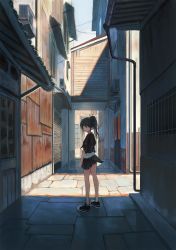 Rule 34 | 1girl, air conditioner, alley, blue eyes, city, clenched hand, cloud, corrugated galvanized iron sheet, dark, dark-skinned female, dark skin, from behind, high ponytail, highres, kagumanikusu, long hair, looking at viewer, looking back, original, outdoors, pleated skirt, scenery, shade, shoes, skirt, sky, sneakers, solo, standing, sunlight, wind, wind lift