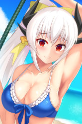 Rule 34 | 1girl, arm up, armpits, bare arms, bare shoulders, bikini, blue bikini, blue bow, bow, breasts, cleavage, closed mouth, collarbone, fate/grand order, fate (series), frilled bikini, frilled bikini top, frills, front-tie bikini top, front-tie top, hair bow, highres, horns, kiyohime (fate), kiyohime (swimsuit lancer) (third ascension) (fate), long hair, looking at viewer, medium breasts, nekoda (maoda), ocean, ponytail, red eyes, sidelocks, silver hair, solo, staff, swimsuit, tareme, upper body, very long hair, yellow bow