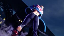 Rule 34 | 1girl, 3d, animated, ass, ass focus, back, black gloves, blonde hair, blue jacket, cammy white, capcom, female focus, fighting game, fingerless gloves, from behind, from below, game, game screenshot, gloves, highres, hip focus, jacket, pants, red footwear, red gloves, screencap, short hair, slow motion, solo, solo focus, street fighter, street fighter 6, tagme, tight clothes, tight pants, union jack, video, video game, wide hips, yoga pants