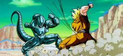Rule 34 | 1990s (style), 2boys, android, animated, animated gif, battle, blue grass, blue tree, cloud, cooler (dragon ball), dragon ball, dragonball z, dust, fighting, green sky, lowres, male focus, motion lines, multiple boys, muscular, namek, outdoors, punching, retro artstyle, sky, son goku, spiked hair, super saiyan, tail, tree, violence
