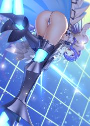 Rule 34 | 1girl, :d, armor, armored boots, ass, bent over, blue eyes, blue ribbon, blush, boots, breasts, commentary request, crotch plate, fate/extra, fate/extra ccc, fate/grand order, fate (series), from behind, hair ribbon, long hair, long sleeves, looking at viewer, looking back, meltryllis (fate), meltryllis (third ascension) (fate), navel, open mouth, purple hair, revealing clothes, ribbon, saruchitan, sleeves past wrists, smile, solo, thighhighs, very long hair