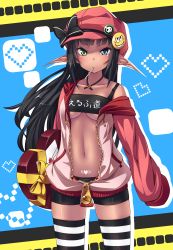 Rule 34 | 1girl, absurdres, black hair, blunt bangs, bow, candy, chocolate, chocolate heart, collarbone, dark-skinned female, dark skin, elf, food, hat, heart, heterochromia, highres, hime cut, long hair, looking at viewer, mouth hold, original, pointy ears, shorts, solo, striped, tattoo, thighhighs, tsurime, ugume