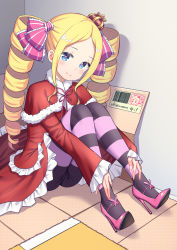 Rule 34 | 1girl, absurdres, beatrice (re:zero), blonde hair, blue eyes, blush, box, butterfly-shaped pupils, cameltoe, closed mouth, crown, drill hair, hair ornament, hair ribbon, highres, in box, in container, indoors, long hair, looking at viewer, pantyhose, re:zero kara hajimeru isekai seikatsu, ribbon, smile, solo, striped clothes, striped pantyhose, symbol-shaped pupils, twin drills, twintails, xiaoxi0619