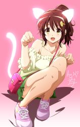 Rule 34 | 1girl, animal ears, bag, bare shoulders, brown hair, casual, collarbone, commentary request, dated, flower, green skirt, hair flower, hair ornament, hairclip, handbag, hibike! euphonium, high ponytail, highres, looking at viewer, medium hair, miniskirt, nii manabu, open clothes, oumae kumiko, pink background, pink footwear, shoes, signature, skirt, sneakers, solo, spaghetti strap, squatting, tail, yellow eyes