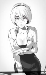 Rule 34 | 1girl, absurdres, alternate costume, arm under breasts, black dress, black hairband, breasts, cleavage, cropped jacket, desk, dress, greyscale, hair between eyes, hairband, highres, lem, lips, looking at viewer, mole, mole under mouth, monochrome, name tag, nier (series), nier:automata, office lady, paper, short hair, solo, 2b (nier:automata)