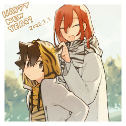 Rule 34 | 1boy, 1girl, 2022, animal costume, animal ears, animal print, brown hair, closed eyes, closed mouth, forest, hand on another&#039;s ear, happy new year, highres, jacket, nakatani nio, nature, new year, open mouth, original, red hair, scarf, striped clothes, striped scarf, sunday, tiger costume, tiger ears, tiger print, touching ears, white jacket