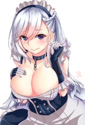 Rule 34 | 1girl, :&gt;, azur lane, belfast (azur lane), blush, braid, breast suppress, breasts, chain, choker, cleavage, closed mouth, dress, gloves, hair between eyes, highres, large breasts, long hair, looking at viewer, maid headdress, nanamagaru, purple eyes, silver hair, simple background, solo, white background