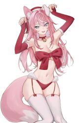 Rule 34 | 1girl, animal ear fluff, animal ears, arms up, bare shoulders, bell, blue eyes, bow, bow bra, bra, breasts, collarbone, commentary, ear down, elbow gloves, english commentary, evangellium, fang, fingerless gloves, fox ears, fox girl, fox tail, gloves, hat, highres, jingle bell, large breasts, legwear garter, long hair, looking at viewer, multicolored hair, navel, neck bell, open mouth, panties, pink hair, red bow, red gloves, red hat, red panties, red ribbon, ribbon, ribbon bra, santa hat, simple background, skin fang, skindentation, solo, stomach, streaked hair, tail, thighhighs, unaligned ears, underwear, virtual youtuber, vyugen, white background, white hair, white thighhighs, yuniiho (vtuber)