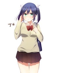 Rule 34 | 10s, 1girl, bag, blue hair, bow, bowtie, brown skirt, cardigan, casual, cowboy shot, female focus, green eyes, hand in own hair, harusawa, kantai collection, looking at viewer, pleated skirt, school bag, school uniform, simple background, skirt, solo, souryuu (kancolle), twintails, white background