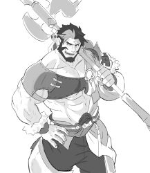 Rule 34 | 1boy, abs, asymmetrical sleeves, axe, bara, beard, chest hair, chest harness, cowboy shot, dragalia lost, facial hair, greyscale, hand on own hip, harness, highres, huge weapon, large pectorals, male focus, midriff, monochrome, multicolored hair, muscular, navel, navel hair, over shoulder, pectorals, saltypoundcake, short hair, smile, solo, stomach, streaked hair, thick thighs, thighs, uneven sleeves, weapon, weapon over shoulder, white background, zhu bajie (dragalia lost)
