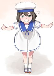 Rule 34 | 1girl, black hair, blue sailor collar, daitou (kancolle), dress, full body, grin, hat, kantai collection, kumadano, leaning forward, open mouth, outstretched arms, sailor collar, sailor dress, sailor hat, shoes, short hair, short sleeves, simple background, smile, solo, standing, uwabaki, white background, white hat