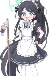 Rule 34 | 1girl, absurdly long hair, apron, aqua halo, aris (blue archive), aris (maid) (blue archive), black dress, black hair, blue archive, blue eyes, blue ribbon, blush, commentary request, dress, flat chest, frilled apron, frills, green halo, halo, hand on own hip, highres, holding, holding mop, long hair, looking at viewer, maid, maid apron, maid headdress, medium dress, mop, neck ribbon, open mouth, parted bangs, ponytail, puffy short sleeves, puffy sleeves, ribbon, short sleeves, simple background, solo, thighhighs, tsumiki sata, very long hair, white apron, white background, white thighhighs, wrist cuffs