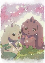 Rule 34 | animal ears, black eyes, blurry, blurry background, brown fur, cherry blossoms, digimon, digimon (creature), highres, horns, kyuu may 9, lop rabbit ears, lopmon, on grass, petals, rabbit ears, single horn, sitting, standing, terriermon, white fur