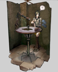 Rule 34 | 1girl, bad id, bad pixiv id, cafe, ceiling fan, coffee, eyepatch, graffiti, grey background, hair over one eye, isometric, kneehighs, loafers, mechanical arms, original, outstretched arm, overflowing, pavement, pouring, puddle, school uniform, serafuku, shoes, short hair, simple background, single mechanical arm, skirt, socks, solo, spoken squiggle, squiggle, stool, table, tmt, wall