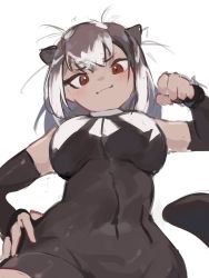 Rule 34 | &gt;:), 1girl, alternate breast size, animal ears, antenna hair, arm up, black one-piece swimsuit, breasts, brown eyes, brown hair, brown one-piece swimsuit, clenched hand, closed mouth, covered navel, elbow gloves, fingerless gloves, from below, front zipper swimsuit, giant otter (kemono friends), gloves, hand on own hip, head tilt, highres, jknor, kemono friends, large breasts, long hair, looking at viewer, meme attire, multicolored hair, one-piece swimsuit, otter ears, otter girl, otter tail, sketch, smile, solo, swimsuit, tail, tan, two-tone hair, two-tone swimsuit, upper body, v-shaped eyebrows, white hair, zipper