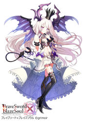 Rule 34 | &gt;:), 1girl, black thighhighs, blush, boots, brave sword x blaze soul, breasts, chain, copyright name, crown, demon girl, demon horns, demon tail, demon wings, detached collar, detached sleeves, dress, floating hair, frilled dress, frilled sleeves, frills, gaou (umaiyo puyoman), garter straps, hand up, high heel boots, high heels, highres, holding, holding tail, horns, long hair, looking at viewer, navel, official art, purple eyes, short sleeves, simple background, small breasts, smirk, solo, standing, striped clothes, striped dress, tail, thigh boots, thighhighs, v-shaped eyebrows, vertical-striped clothes, vertical-striped dress, watermark, white background, white dress, white hair, wings