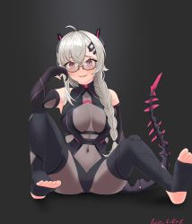 Rule 34 | 1girl, absurdres, ahoge, artist request, bare shoulders, barefoot, black background, blush, bodystocking, bodysuit, braid, braided ponytail, breasts, cleavage, collarbone, covered navel, french braid, gloves, grey bodysuit, hair ornament, hairclip, highres, impossible bodysuit, impossible clothes, indie virtual youtuber, large breasts, lio wart, long hair, looking at viewer, mechanical ears, mechanical tail, open mouth, partially fingerless gloves, ponytail, red eyes, saruei (vtuber), scar, scar across eye, scar on face, side braid, silver hair, simple background, single braid, sitting, smile, solo, stirrup legwear, tail, toeless legwear, virtual youtuber
