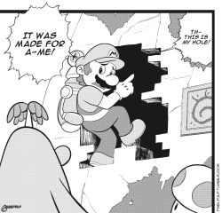 Rule 34 | 1boy, backpack, bag, character request, commentary, english commentary, english text, gloves, greyscale, hat, hole, letitmelo, male focus, mario, mario (series), monochrome, nintendo, open mouth, pants, peaked cap, shoes, short sleeves, signature, solo focus, standing, the enigma of amigara fault, toad (mario)