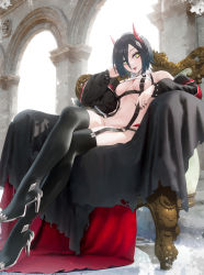 Rule 34 | 1girl, arch, areola slip, azur lane, bare shoulders, black footwear, black hair, black jacket, black nails, boots, breast strap, breasts, chair, cirilla lin, column, crossed legs, from below, full body, hand in own hair, high heel boots, high heels, highres, horns, jacket, looking at viewer, looking down, mechanical horns, multicolored hair, nail polish, no panties, open clothes, open jacket, pillar, red horns, revealing clothes, short hair, small breasts, solo, streaked hair, thigh boots, thighhighs, tongue, tongue out, two-tone hair, ulrich von hutten (azur lane), white hair, yellow eyes