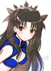 Rule 34 | 1girl, bare shoulders, black hair, blush, breasts, cleavage, closed mouth, fate/grand order, fate (series), hair ribbon, ishtar (fate), long hair, looking at viewer, medium breasts, parted bangs, red eyes, ribbon, seiru (prairie), simple background, smile, solo, tiara, tohsaka rin, two side up, white background