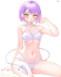 Rule 34 | 1girl, :o, absurdres, blush, bra, breasts, choker, earrings, gradient hair, green eyes, hair ornament, hairclip, highres, hololive, jewelry, looking at viewer, medium breasts, multi-strapped panties, multicolored hair, navel, navel piercing, panties, piercing, pink hair, purple hair, short hair, simple background, sitting, skindentation, solo, stomach, tail, tail ornament, tail piercing, tokoyami towa, underwear, vini (frisco), virtual youtuber, wariza, white background, white bra, white choker, white panties, white tail, x hair ornament