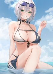 Rule 34 | 1girl, bare shoulders, bikini, bikini skirt, blue sky, breasts, choker, cloud, commentary, day, eyewear on head, green eyes, grey hair, grin, hand up, haro art, highres, hololive, large breasts, looking at viewer, navel, ocean, outdoors, shirogane noel, shirogane noel (summer 2020), short hair, sitting, sky, smile, solo, stomach, strap gap, sunglasses, swimsuit, symbol-only commentary, virtual youtuber, water, wet
