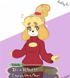 Rule 34 | 1girl, animal crossing, artist name, badguyvivi, blonde hair, blue eyes, blush, blush stickers, breasts, cleavage, dialogue box, dog tail, english text, female focus, flying sweatdrops, furry, furry female, hair tie, hands up, heart, highres, isabelle (animal crossing), long sleeves, looking away, looking to the side, medium breasts, meme attire, nintendo, open-chest sweater, panties, purple background, red panties, red sweater, red thighhighs, ribbed sweater, short hair, signature, simple background, smile, solo, standing, sweater, tail, text focus, thighhighs, turtleneck, turtleneck sweater, two-tone background, underwear, white background