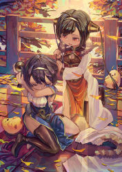 Rule 34 | 2girls, :d, ahoge, autumn, autumn leaves, azur lane, bird, black legwear, blue eyes, breasts, brown hair, chick, china dress, chinese clothes, cleavage, cleavage cutout, clothing cutout, dragon print, dress, fur collar, hair intakes, hairband, holding, holding own hair, kneeling, long hair, long sleeves, looking at another, medium breasts, multiple girls, ning hai (azur lane), one eye closed, open mouth, pelvic curtain, ping hai (azur lane), purple hair, red eyes, shiimo, side slit, single thighhigh, sitting, small breasts, smile, thighhighs, tree, twintails, white hairband, yokozuwari