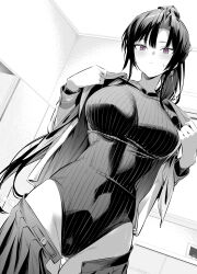 Rule 34 | 1girl, absurdres, black hair, black skirt, blush, breasts, commentary request, gluteal fold, greyscale, highleg, highleg leotard, highres, hiiragi yuuichi, large breasts, leotard, long sleeves, looking at viewer, monochrome, open clothes, open shirt, original, parted bangs, pleated skirt, ponytail, purple eyes, ribbed leotard, shirt, skirt, solo, undressing