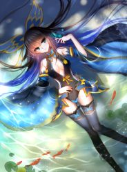 Rule 34 | 1girl, bad id, bad pixiv id, black hair, black thighhighs, blue eyes, breasts, bug, butterfly, cleavage, detached sleeves, fish, highres, insect, leotard, lily pad, long hair, lying, meaomao, nie xiaoqian, on back, partially submerged, sangai senki, sitting, solo, thighhighs, very long hair