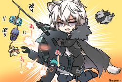 Rule 34 | 2boys, ^ ^, all fours, animal, arknights, bad id, bad pixiv id, bird, black footwear, black jacket, black legwear, black pants, blue eyes, blush, cape, closed eyes, commentary request, doctor (arknights), fur-trimmed cape, fur trim, grey cape, grey hair, hair between eyes, holding, hood, hood up, hooded jacket, jacket, lungmen dollar, male focus, mashiro miru, multicolored hair, multiple boys, nose blush, open clothes, open jacket, orange background, pants, riding, shirt, shoes, silverash (arknights), sitting, sitting on person, socks, tenzin (arknights), torn cape, torn clothes, twitter username, two-tone hair, white hair, white shirt