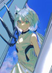 Rule 34 | 1girl, absurdres, animal ears, arknights, bare shoulders, blue sky, cat ears, closed mouth, day, detached wings, dress, green eyes, grey hair, highres, long hair, looking at viewer, low ponytail, mechanical wings, official alternate costume, outdoors, rosmontis (arknights), rosmontis (become anew) (arknights), sky, sleeveless, sleeveless dress, solo, upper body, very long hair, white dress, wings
