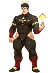 Rule 34 | 1boy, abs, alpha transparency, armband, bara, biceps, black hair, bodysuit, bulge, clenched hand, facial hair, fire, flame print, half-closed eyes, halo, large pectorals, male focus, manly, mature male, muscular, muscular male, naop (anything), official alternate costume, official art, pectorals, sandals, solo, sparkle, spiked hair, stubble, surprised, thick arms, thick eyebrows, thick thighs, thighs, third-party source, tight clothes, tokyo houkago summoners, transparent background, yellow eyes, zabaniyya (housamo)