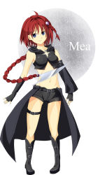 Rule 34 | 1girl, :&gt;, artist request, asymmetrical clothes, asymmetrical gloves, black footwear, black gloves, black shorts, blue eyes, boots, braid, character name, detached sleeves, fingerless gloves, full body, gloves, knife, kurosaki mea, long hair, midriff, navel, prehensile hair, red hair, short shorts, shorts, simple background, solo, standing, stomach, thigh strap, thighs, to love-ru, to love-ru darkness, twin braids, uneven gloves, very long hair, waist cape, weapon