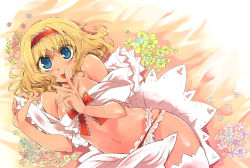 Rule 34 | 1girl, alice margatroid, bare shoulders, blonde hair, blue eyes, breasts, capelet, cross-eyed, female focus, flower, hairband, medium breasts, navel, short hair, solo, tongue, tongue out, touhou, yuu (kfc)