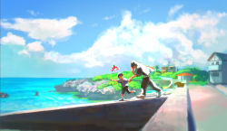 Rule 34 | 2boys, beach, black hair, black jacket, black pants, blue sky, commentary request, creatures (company), day, elio (pokemon), game freak, guzma (pokemon), highres, holding hands, hood, hooded jacket, jacket, jewelry, male focus, meipu hm, multiple boys, nintendo, ocean, outdoors, pants, pokemon, pokemon (creature), pokemon sm, scenery, shirt, short hair, short sleeves, sky, striped clothes, striped shirt, t-shirt, team skull, watch, white hair, white shirt, wristwatch