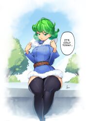 Rule 34 | absurdres, aquapaulo, belt, black thighhighs, blue coat, breasts, brown belt, coat, dialogue box, green eyes, grey hair, highres, non-web source, one-punch man, sitting, small breasts, tatsumaki, thick thighs, thighhighs, thighs, tree