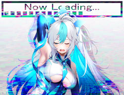 Rule 34 | 1girl, absurdres, arm behind head, arm up, armpits, bad id, bad pixiv id, between breasts, blue eyes, blue hair, breasts, clothing cutout, eureka iris, glitch, highres, katsuya 228, liver city, loading screen, long hair, looking down, medium breasts, multicolored hair, necktie, open mouth, ponytail, sleeveless, solo, two-tone hair, underboob, underboob cutout, upper body, very long hair, virtual youtuber, white hair