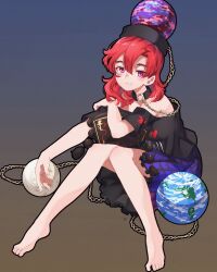Rule 34 | 1girl, bare shoulders, barefoot, black shirt, chain, clothes writing, collar, commentary, cuffs, earth (ornament), globe, gold chain, gradient background, handcuffs, heart, hecatia lapislazuli, highres, medium hair, moon (ornament), multicolored clothes, multicolored skirt, neold, off-shoulder shirt, off shoulder, phoenix crown, purple eyes, red hair, shirt, skirt, smile, solo, tassel, touhou, underworld (ornament)