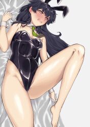 Rule 34 | 1girl, absurdres, animal ears, bare legs, bare shoulders, barefoot, black hair, blush, breasts, brown eyes, collarbone, commentary request, covered navel, detached collar, fake animal ears, feet out of frame, full-face blush, green necktie, highleg, highleg leotard, highres, idolmaster, idolmaster shiny colors, iori (io rrri), knee up, leotard, long hair, lying, mayuzumi fuyuko, medium breasts, necktie, on back, open mouth, playboy bunny, rabbit ears, simple background, solo, strapless, strapless leotard, white background, white wrist cuffs, wrist cuffs