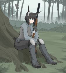 Rule 34 | 1girl, absurdres, animal ears, arbor spirit, artist name, belt, black hair, blue eyes, breasts, bush, double-barreled shotgun, expressionless, forest, fox ears, gloves, gun, highres, holding, holding gun, holding weapon, knee pads, large breasts, long sleeves, looking at viewer, nature, original, shoes, shotgun, sitting, tactical clothes, toz-34, tree, weapon