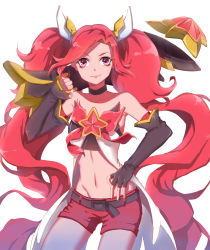 Rule 34 | 1girl, absurdres, alternate costume, alternate hair color, alternate hairstyle, bare shoulders, belt, black gloves, black thighhighs, boots, bow, elbow gloves, fingerless gloves, gloves, hair ornament, highres, jinx (league of legends), league of legends, long hair, magical girl, purple eyes, red bow, red hair, red neckwear, short shorts, shorts, smile, solo, star guardian (league of legends), star guardian jinx, thigh boots, thighhighs, twintails, very long hair, weapon
