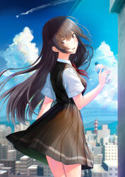 Rule 34 | 1girl, absurdres, ahoge, arm behind back, bare arms, bare legs, black dress, black skirt, blue sky, blush, bottle, bow, bowtie, breasts, brown eyes, brown hair, building, city, cityscape, clear sky, cloud, cloudy sky, collared shirt, crossed bangs, day, dress, floating hair, from side, frown, hair between eyes, hand up, head tilt, highres, holding, holding bottle, legs together, light rays, long hair, looking at viewer, medium breasts, messy hair, momoko (momopoco), mountain, mountainous horizon, neck ribbon, open mouth, pleated skirt, red bow, red bowtie, red ribbon, ribbon, rooftop, school uniform, shirt, short sleeves, sidelocks, skirt, sky, skyscraper, smile, solo, standing, sunlight, suou yuki, teeth, tokidoki bosotto roshia-go de dereru tonari no arya-san, tower, upper teeth only, very long hair, water bottle, wide sleeves, window