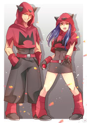 Rule 34 | 1boy, 1girl, belt, belt buckle, blue hair, buckle, commentary request, covered navel, creatures (company), full body, game freak, gloves, hands in pockets, highres, holding, holding poke ball, hood, knees, long hair, looking at viewer, nintendo, open mouth, orange eyes, pigeon-toed, poke ball, poke ball (basic), pokemon, pokemon rse, short sleeves, sunabasan, team magma, team magma grunt, team magma uniform, teeth, w