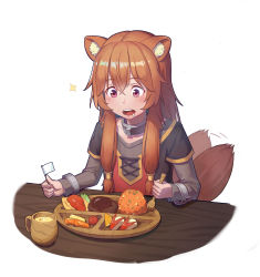 Rule 34 | 1girl, absurdres, animal ears, apple, apple rabbit, apple slice, brown hair, carrot, chun zhuan, collar, crossed bangs, cup, drink, drooling, flag, food, food art, fork, fruit, grey sweater, hair tubes, hamburger steak, highres, long hair, long sleeves, looking down, mini flag, omelet, omurice, open mouth, purple eyes, raccoon ears, raccoon girl, raccoon tail, raphtalia, ribbed sweater, sidelocks, solo, sparkle, sweater, table, tail, tail wagging, tate no yuusha no nariagari, very long hair, white background, white flag, wooden table