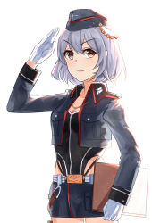 Rule 34 | 1girl, absurdres, backlighting, belt, belt buckle, blue hat, blue jacket, blue skirt, breasts, brown eyes, buckle, chain, chinese commentary, cleavage, collared jacket, commentary request, cropped jacket, eossim, garrison cap, girls&#039; frontline, gloves, gold chain, hat, highleg, highleg leotard, highleg panties, highres, holding, holding notebook, jacket, leotard, light particles, light purple hair, lips, looking at viewer, medium hair, notebook, open clothes, open jacket, p08 (girls&#039; frontline), panties, pouch, salute, skirt, smile, solo, thigh pouch, underwear, white gloves