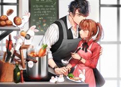 Rule 34 | 1boy, 1girl, apron, bad id, bad pixiv id, black bow, bottle, bow, bread, brown hair, rabbit, carrot, closed eyes, food, holding hands, hand on another&#039;s arm, hetero, iji (u mayday), indoors, knife, knife block, ladder, ladle, li zeyan, long sleeves, love and producer, manly, mushroom, pepper shaker, ponytail, pot, protagonist (love and producer), red bow, sidelocks, steam, stepladder, stove, watch, wine bottle, wristwatch