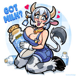 Rule 34 | 1girl, animal ears, bell, blush, bottle, breast press, breasts, cleavage, collar, cork, corked bottle, cow ears, cow hooves, cow horns, cow tail, cowbell, ear piercing, ear tag, english text, gloves, heart (symbol), highres, holstaur (monster girl encyclopedia), hooksnfags, hooves, horns, large breasts, looking at viewer, makeup, mascara, milk, milk bottle, monster girl, monster girl encyclopedia, motion lines, no shirt, overalls, piercing, shadow, sideboob, simple background, smile, steam, tail, unaligned breasts, white background