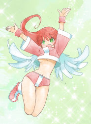 Rule 34 | 1girl, :d, arms up, astra super stars, breasts, buruma, curly hair, full body, gradient background, green background, green eyes, highres, maron (astra super stars), midriff, muramasa mikado, navel, no bra, open mouth, pink footwear, pink shirt, red hair, shirt, shoes, short hair, smile, solo, underboob, white wings, wings, wrist cuffs